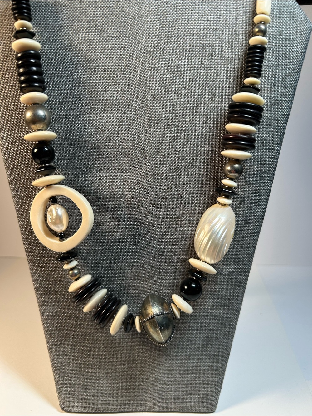 Vintage Tribal Necklace Black Cream Beads Mode of Wood Bone Pearl Shell 30”